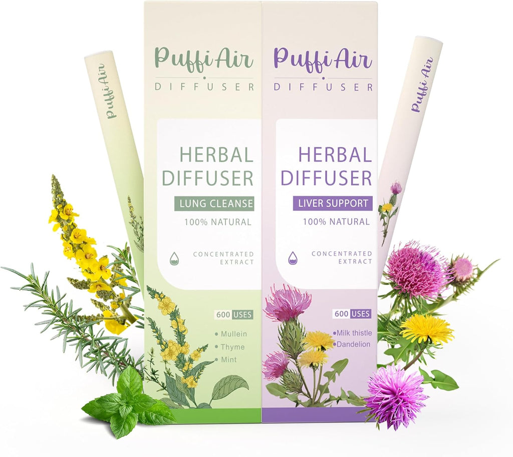 PUFFIAIR Inner Balance Duo Herbal Diffuser Pen Set | Mullein Cleanse Inspired Blend for Daily Reset | Green Purple | 2 Count