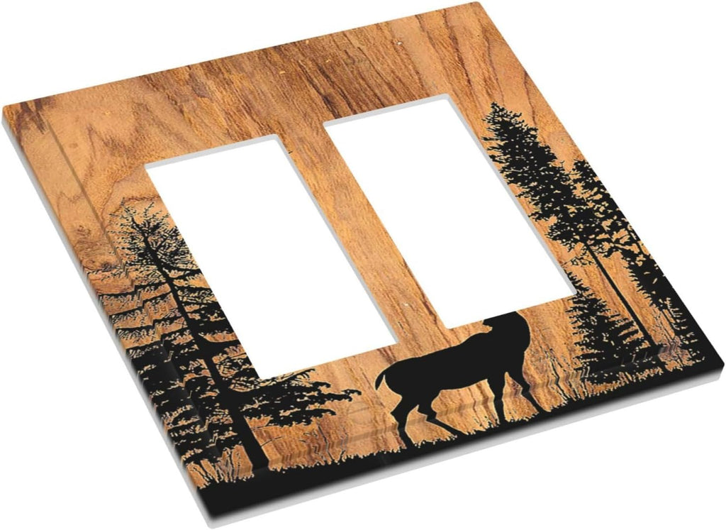 Decorative Outlet Covers Rustic Farmhouse Orange Brown Pine Tree Deer Wood Grain 2 Gang Double GFCI Rocker Electrical Wall Panels Light Switch Cover Plate for living Room Cabin Decor