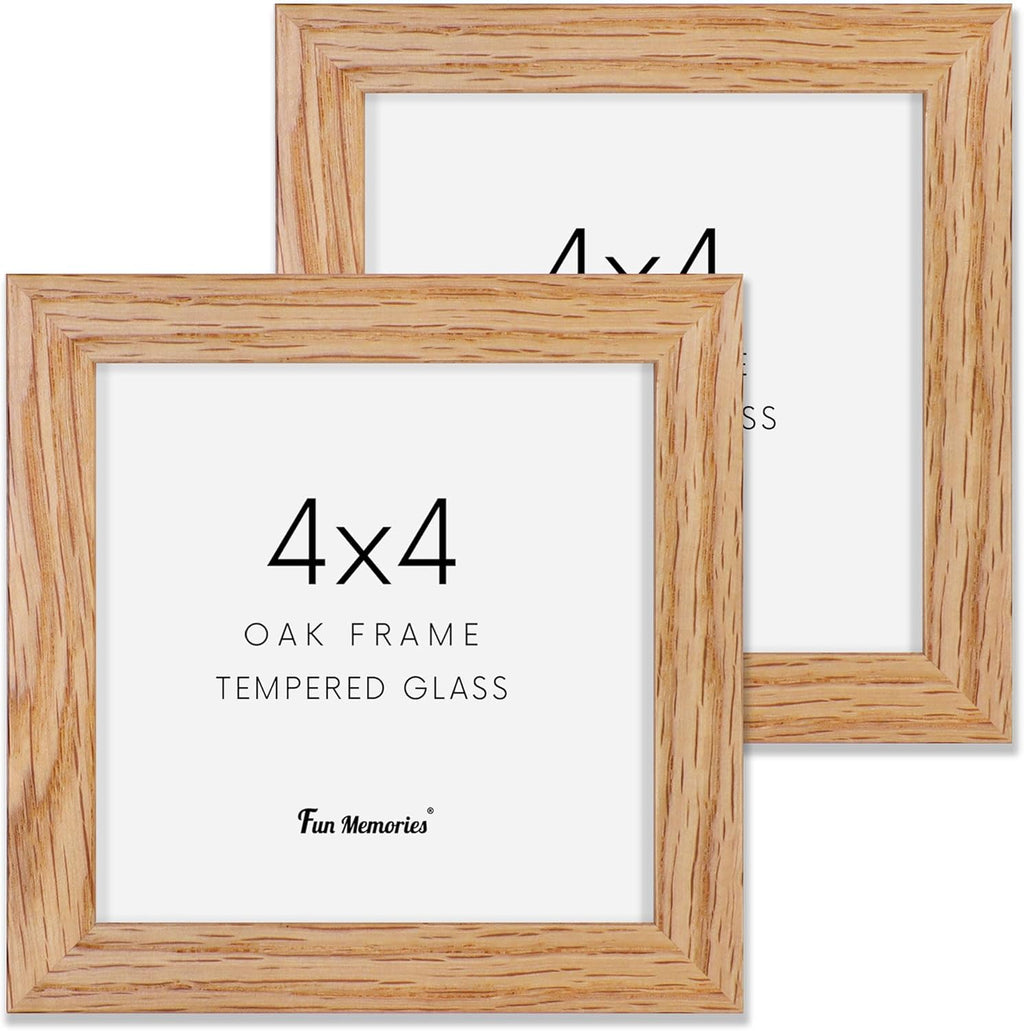 Solid White Oak Wood 4x4 Picture Frame - Set of 2 with Tempered Real Glass for Wall & Tabletop Display