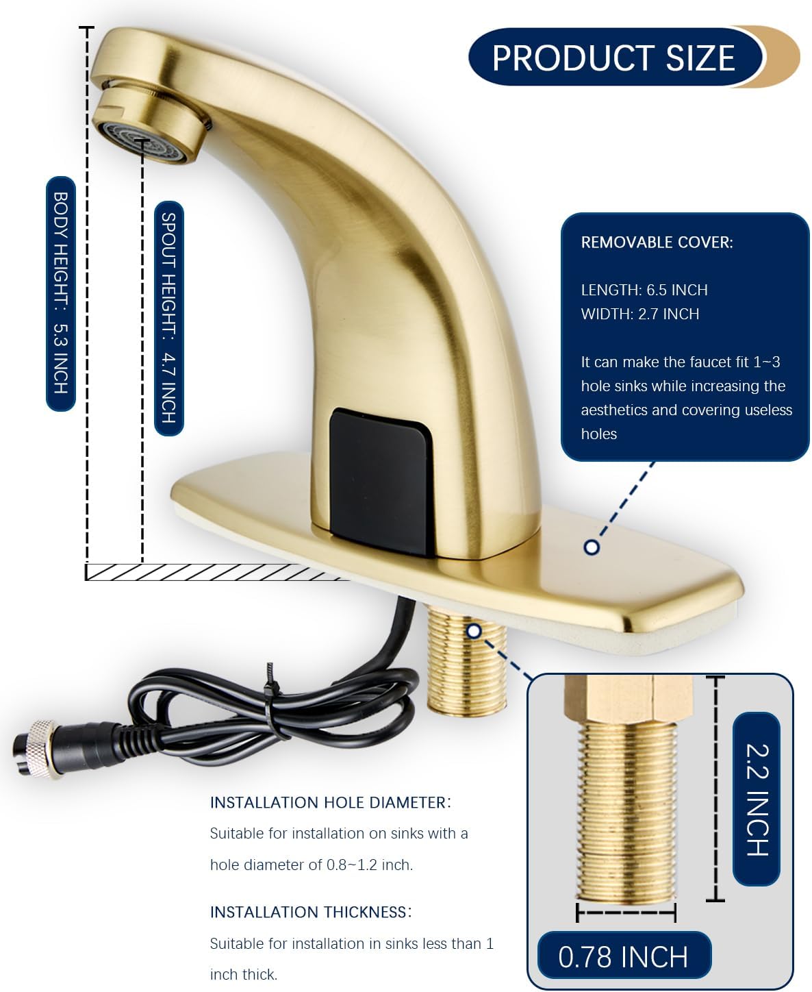 Touchless Bathroom Sink Faucet，Automatic Motion Sensor Faucets with Deck Plate for Commercial Lavatory Gold Plated