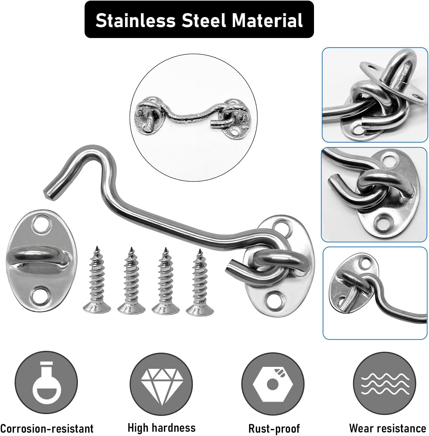 4-Pack 6Inch Door Lock Gate Latch Premium Stainless Steel Hook and Eye Gate Latch Cabin Hook with 16pcs Screws, Silver