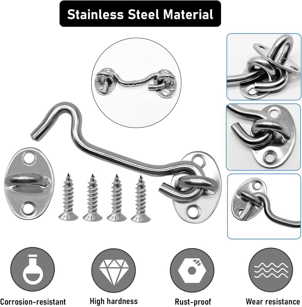 2-Pack 8Inch Door Lock Gate Latch Premium Stainless Steel Hook and Eye Gate Latch Cabin Hook with 16pcs Screws, Silver