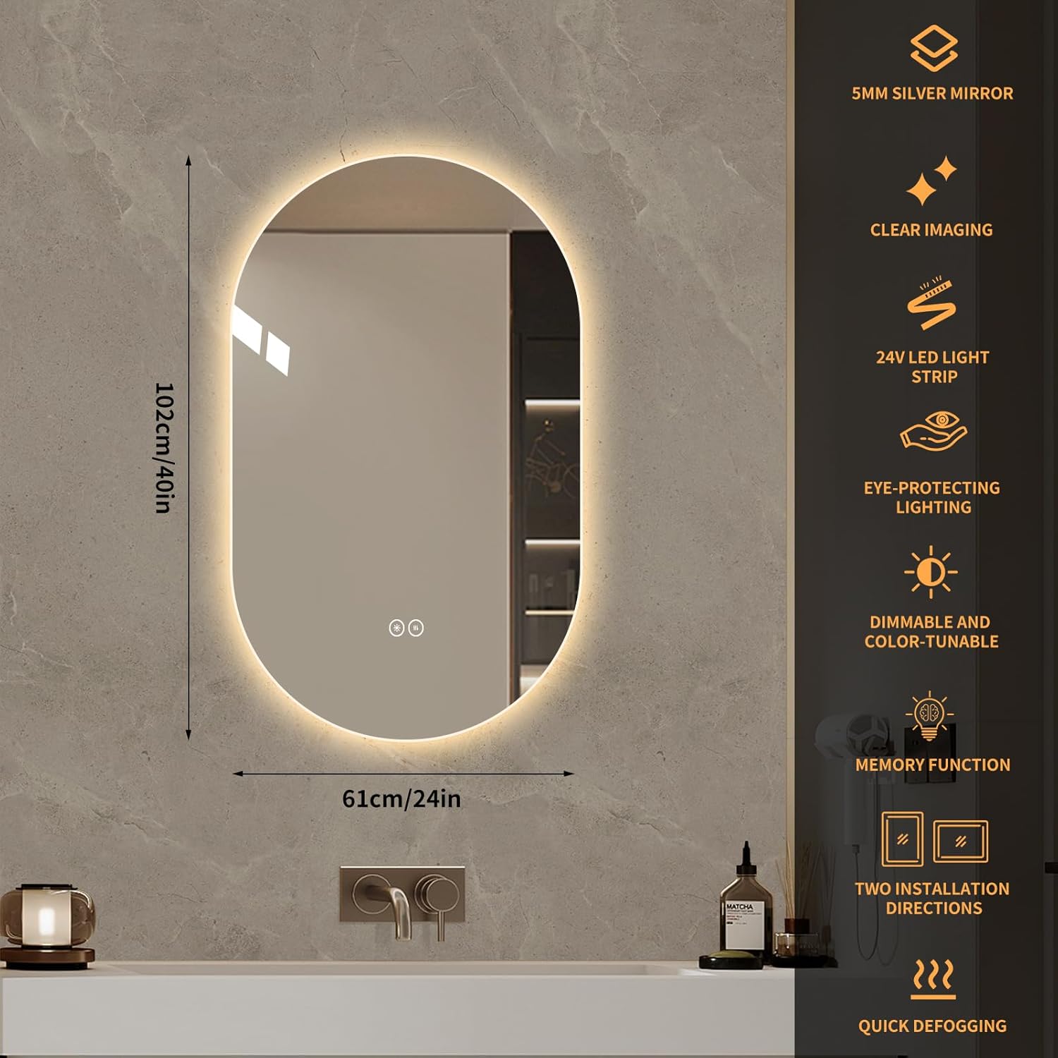 LAIYA 24V Full-Power Oval LED Bathroom Vanity Mirror, 40X24inch Frameless Backlit Mirror with Light, Smart Anti-Fog Waterproof Mirror with Memory Function Dimmable Lighted Mirror