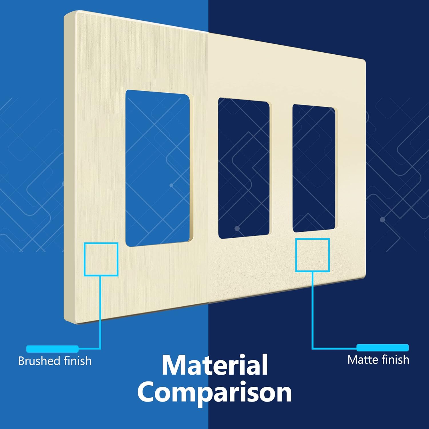 LIDER Brushed Finish Decorator Switch Cover, Screwless Wall Plate, Mid-Size 3-Gang 4.88" x 6.77", Unbreakable Polycarbonate Thermoplastic, UL Listed, LSWP-33M-BLA, Brushed Light Almond