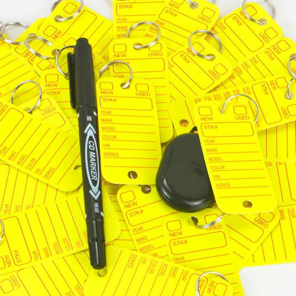 500 Pcs PVC Tags with Labels and Rings, Car Key for Organization, Identifiers, and Luggage Tags with 4 Pcs Markers, Plastic Keychain Tags for Car, Truck, and Dealer Use
