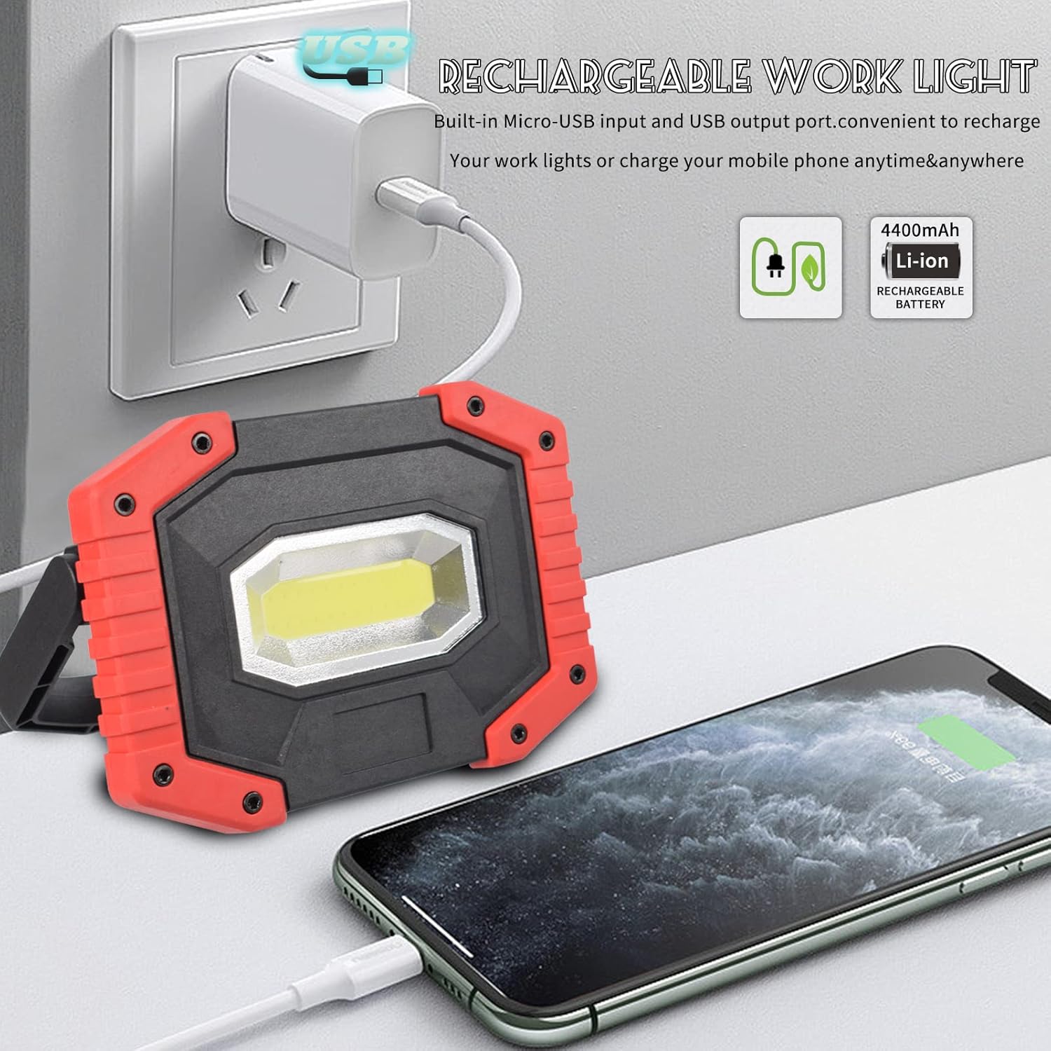 OTYTY LED Work Light 2-Pack, 30W 1500LM Portable Rechargeable Flood Lights with Magnetic Base, 4200mAh Battery for Outdoor, Camping, Hiking, Emergency, Car Repairing, Job Site Lighting (W841Red)