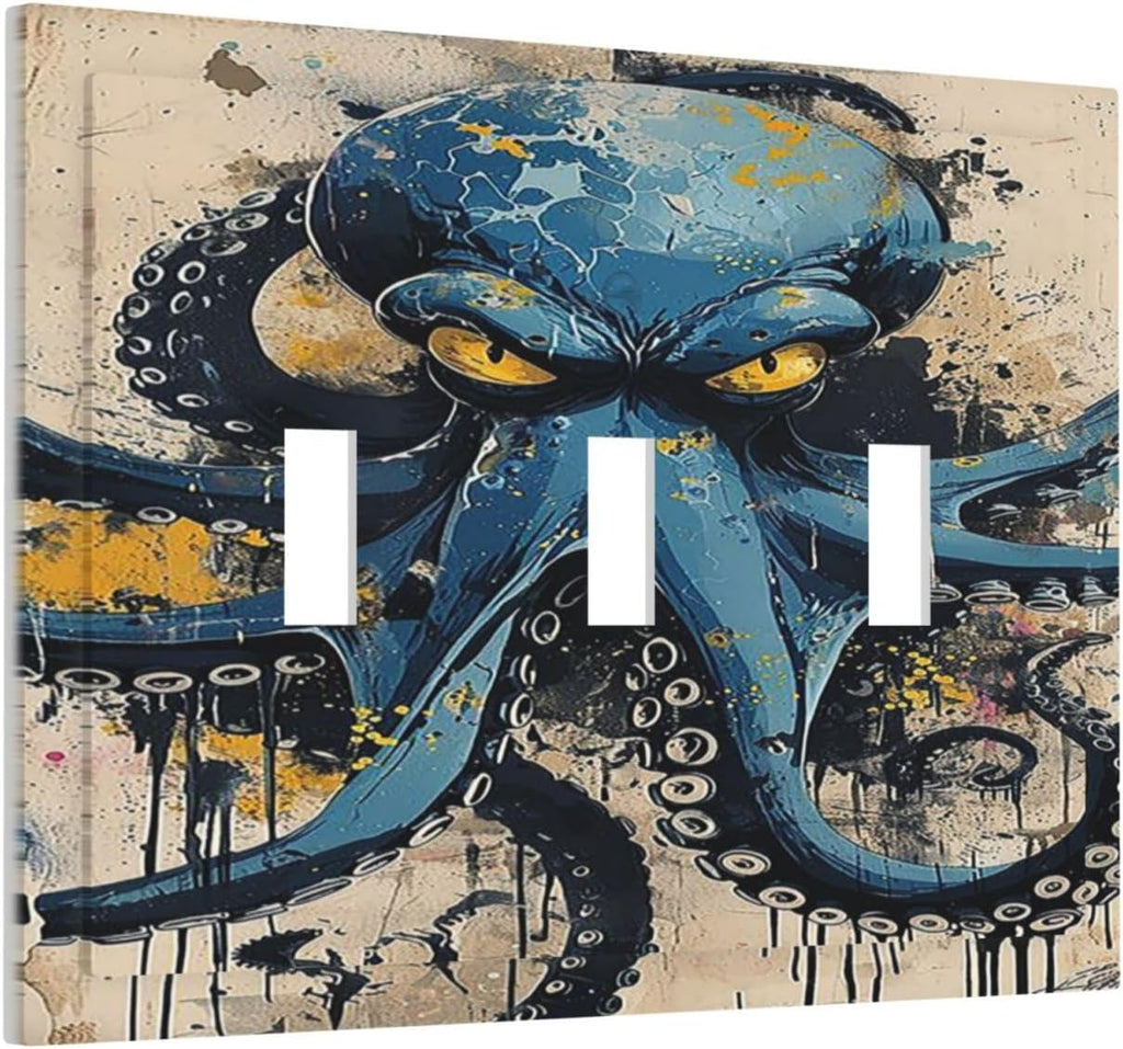 Decorative Switch Plates Nautical Vintage Blue Octopus Yellow Eyes Oil Watercolor 3 Gang Wall Plate Triple Toggle Light Switch Cover Faceplate Electrical Wall Panels for Kids room