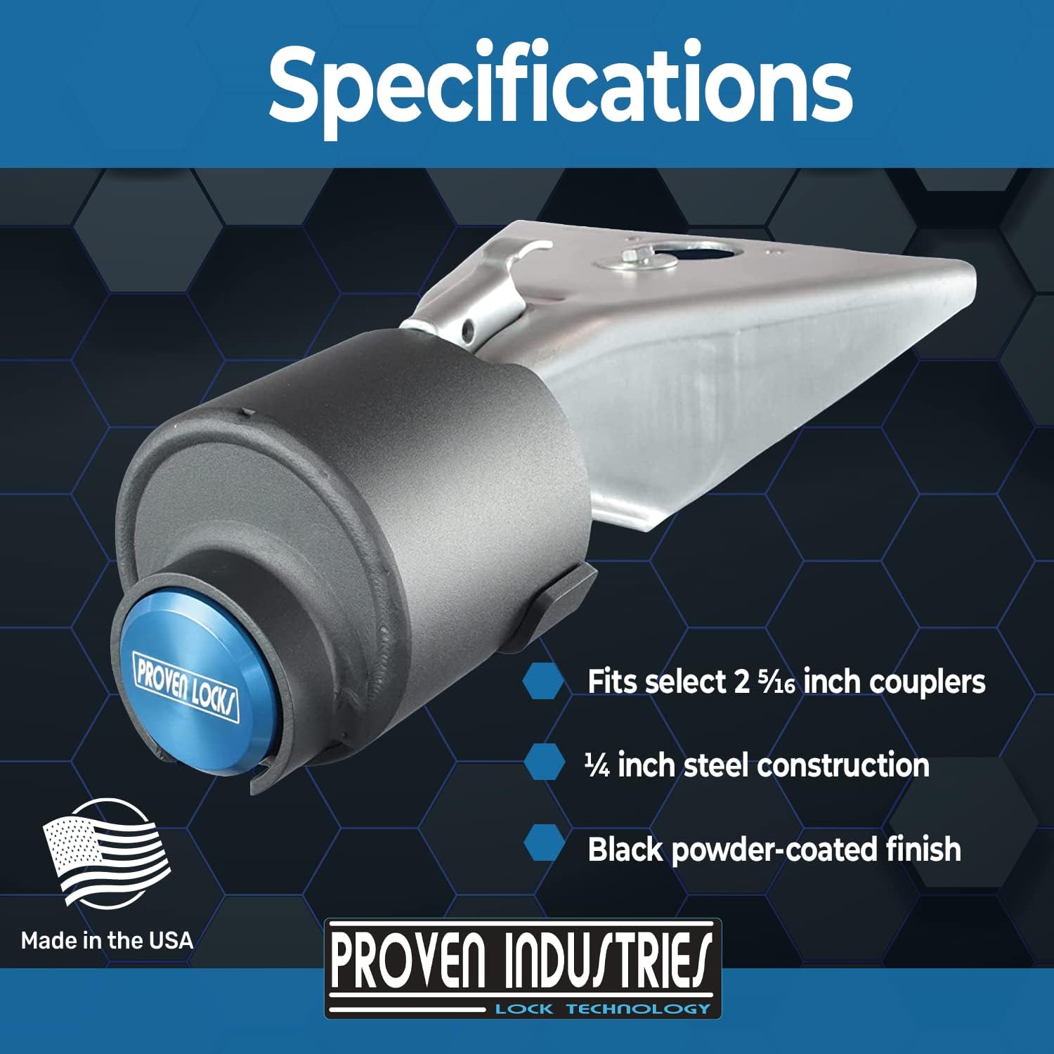 Proven Industries Model 2516 Trailer Lock, Fits Select 2 5/16-Inch Couplers, Secures Safety Chains, Made in The USA, (Blue)