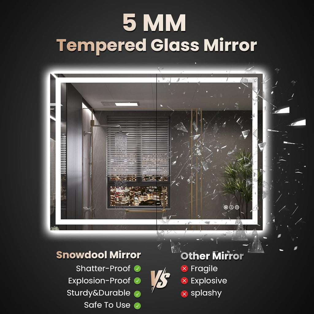 48"X36" LED Bathroom Mirror with Front Lights and Backlit, Anti-Fog, Dimmable, Shatter-Proof Tempered Glass, Lighted Bathroom Vanity Mirror for Wall with 3 Colors, Memory Function