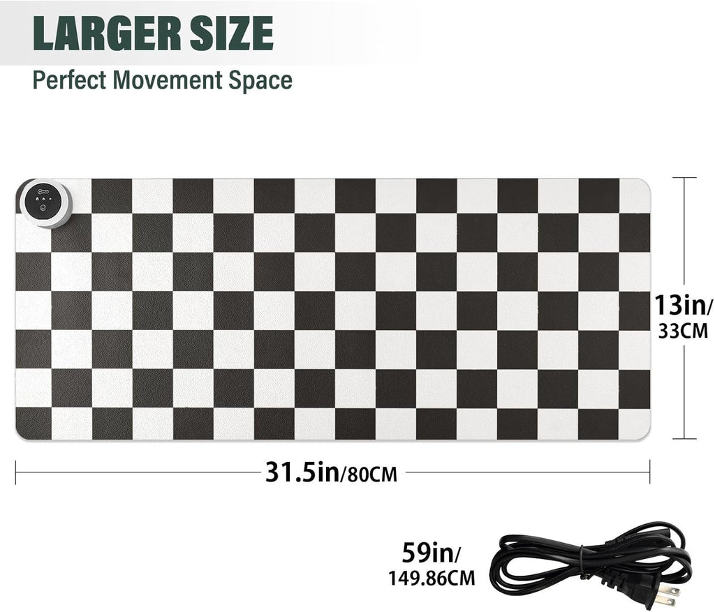 Checkered Black and White Heated Desk Pad Mouse Pad 31.5x13 Inch PU Leather Desk Mat with 3 Heat Levels Large Mouse Gaming Computer Laptop Mat
