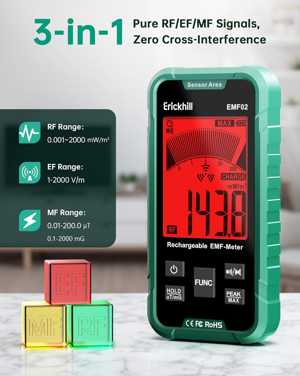 ERICKHILL EMF Detector, 3‑in‑1 Portable EMF Meter and Radiation Detector for RF, EF, MF, & WiFi Signal– EMF Reader with 3-Color Sound‑Light Alarm, Rechargeable Battery for Home, Office & Ghost Hunting