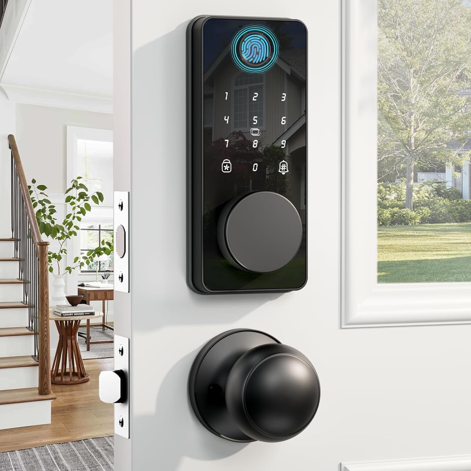 Keyless Entry Door Lock with 2 Knobs, Biquole Fingerprint Keypad Deadbolt, Smart Deadbolt for Front Door Lock Set, Auto Lock, One-time Codes, Easy to Install, App Control