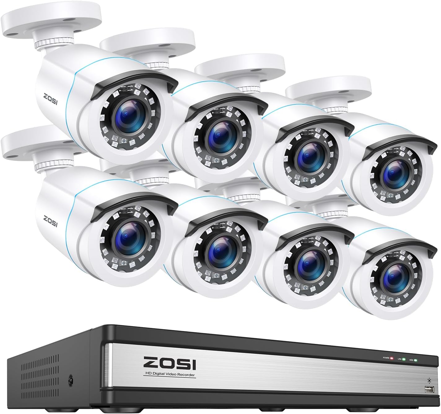 ZOSI H.265+ 16 Channel Security Camera System with AI Human Vehicle Detection, 16CH 1080p DVR and 8 x CCTV Weatherproof Bullet Camera Outdoor Indoor, 80ft Night Vision, 90°Wide Angle (No Hard Drive)