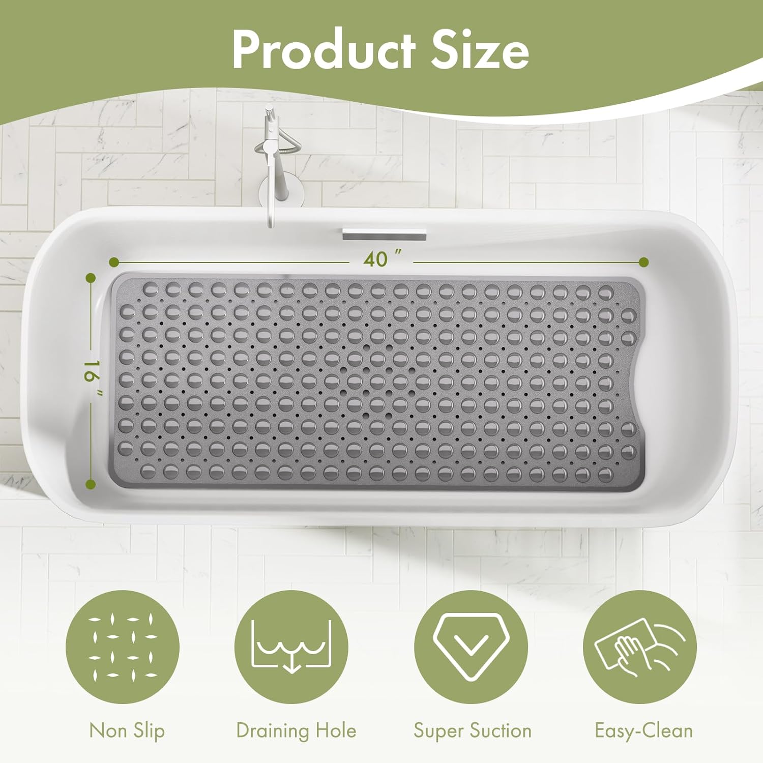 AmazerBath Shower Mat Non Slip 40 x 16 Inches, Shower Stall Mats with Suction Cups and Drain Holes, Non Slip Bath Mat for Tub for Elderly & Kids, Grey