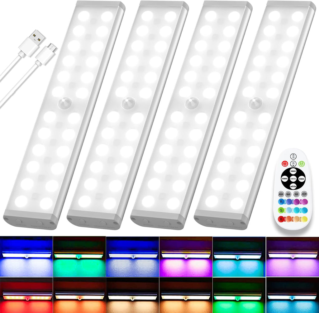 Diomart Under Cabinet Lighting Wireless, RGB Rechargeable Motion Sensor Light Indoor Night Lights, 58 -LED Remote Control Under Counter Lightis for Kitchen, Wardrobe, Hallway, Stairs, Desk(4 Pack)