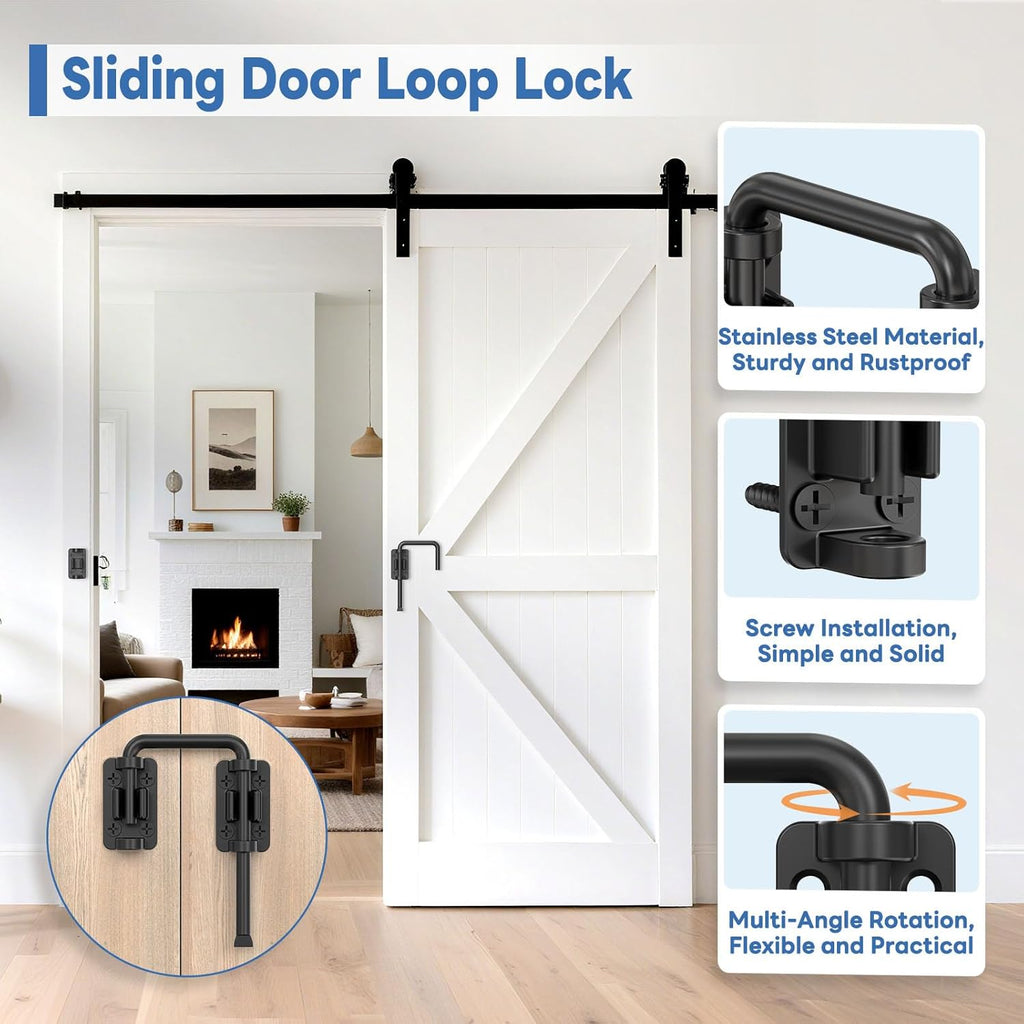 Sliding Door Loop Lock, 90/180 Degree Stainless Steel Patio Door Latch for Sliding Barn/Single/Double Opening Gate, Shed, Closet, Window, Fence - Home Security Loop Latch (Black-2PCS)