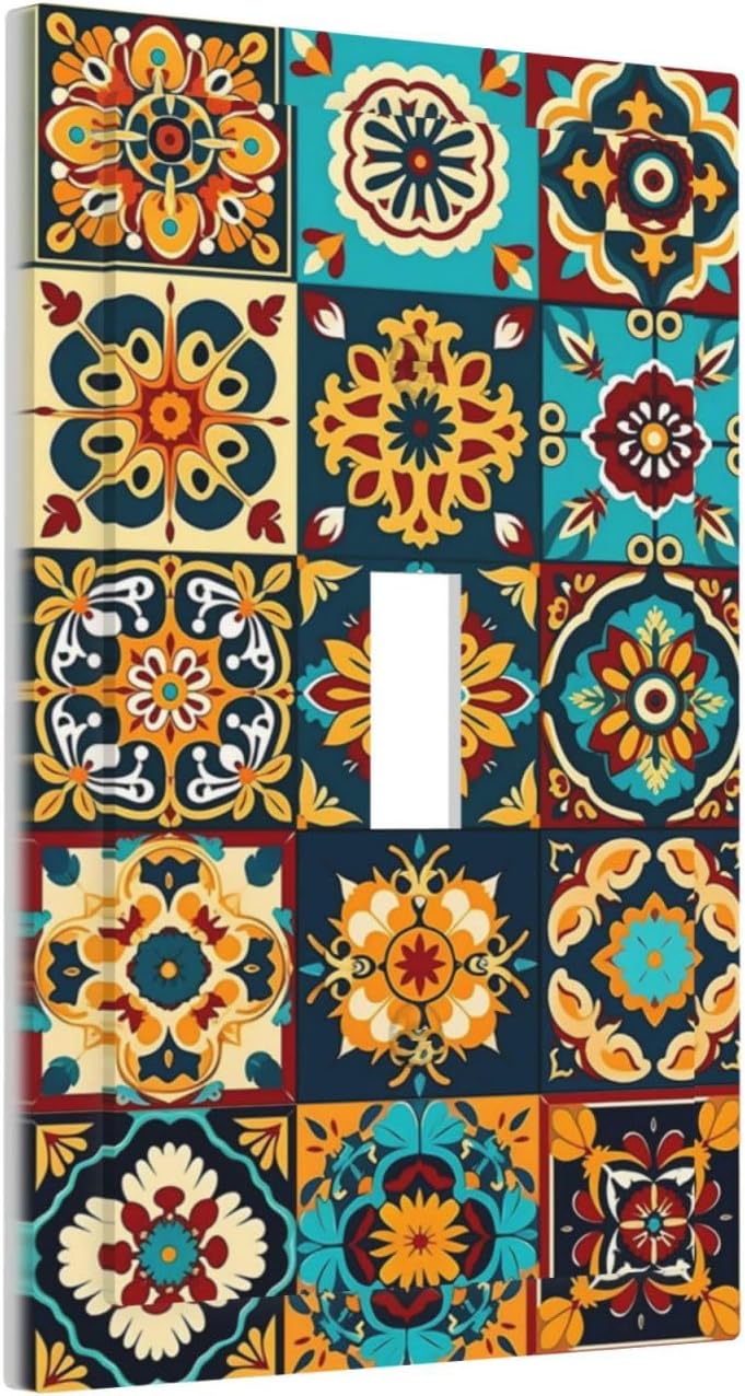 Mexican Talavera Ceramic Tile Moroccan Boho Decorative Light Switch Cover 1 Gang Single Toggle Device Electrical Faceplate Switchplates Decorator Outlet Wall Plate for Bathroom Kitchen Decor