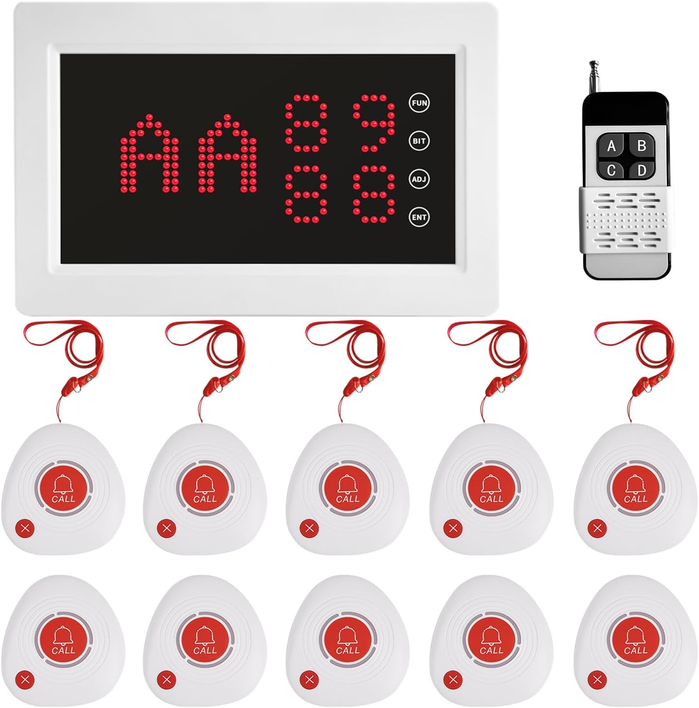 Wireless Caregiver Pager Nursing Calling System Elderly Alarm with 1 Display Receiver and 10 Waterproof 2 Key Call Buttons for Nursing Home Clinic (10 M2 Call Buttons)