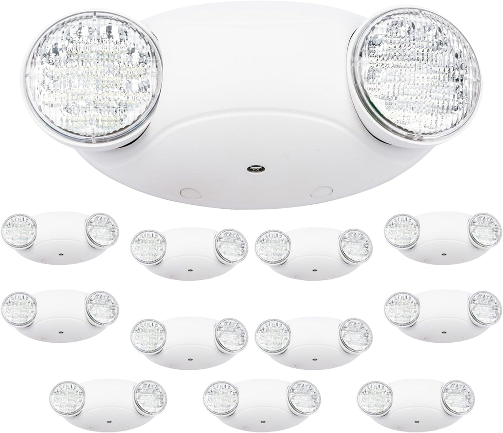 LIT-PaTH LED Emergency Lighting Fixtures with 2 LED Bug Eye Heads and Back Up Batteries- US Standard Exit Light, UL 924 and CEC Qualified, 120/277 Voltage, White, 12-Pack