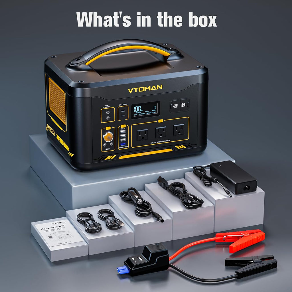 VTOMAN Jump 1800 Portable Power Station with Jumper Cables, 1548Wh LiFePO4 Battery Solar Generator & Car Jump Starter, 1800W 3xAC Outlets, 2xPD 100W Type-C, Large Capacity for Camping Roadside Rescue
