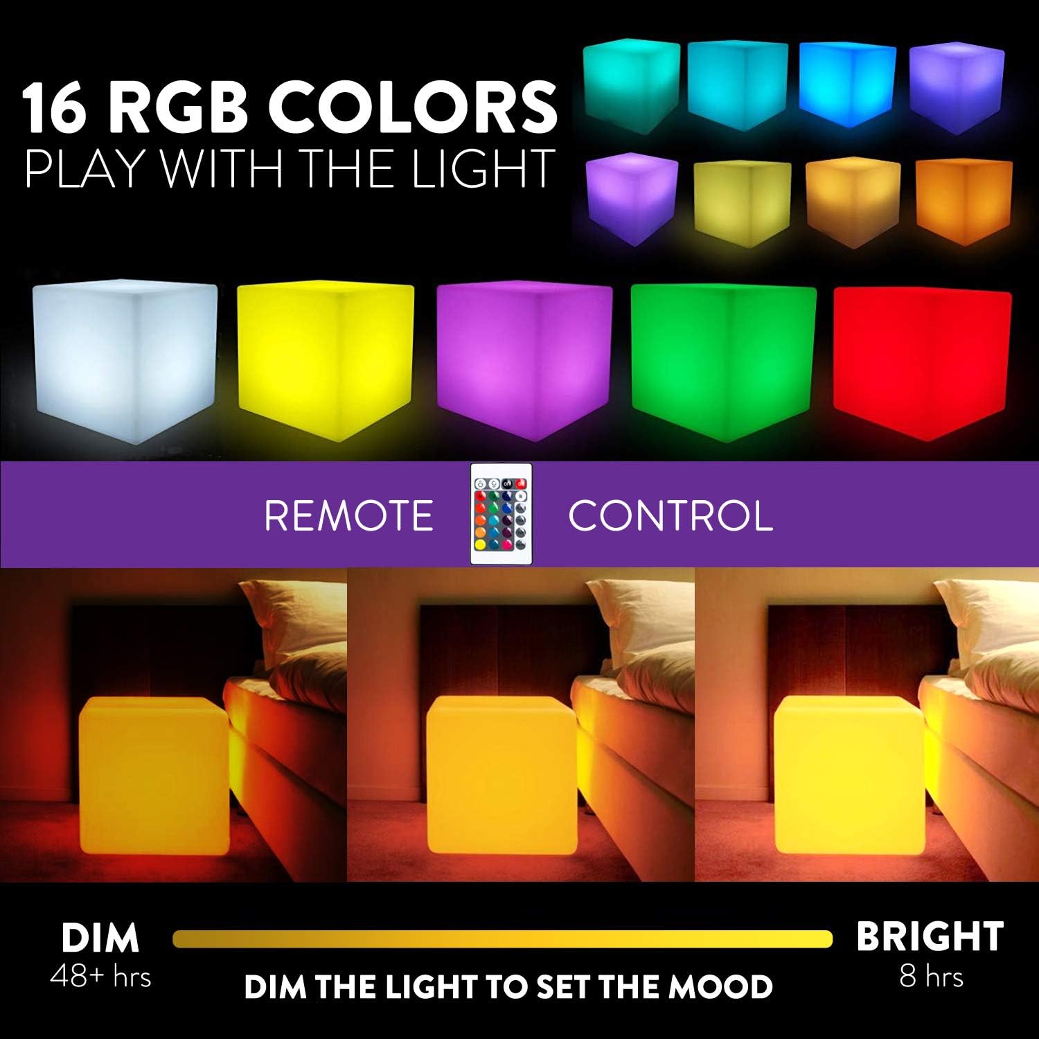 Mr.Go 12-inch Rechargeable Magic LED Light Cube Stool with Remote Control Fun Mood Lamp Soothing Night Light Decorative Lighting for Home Kids Bedside Bedroom Nightstand Nursery Pool Party