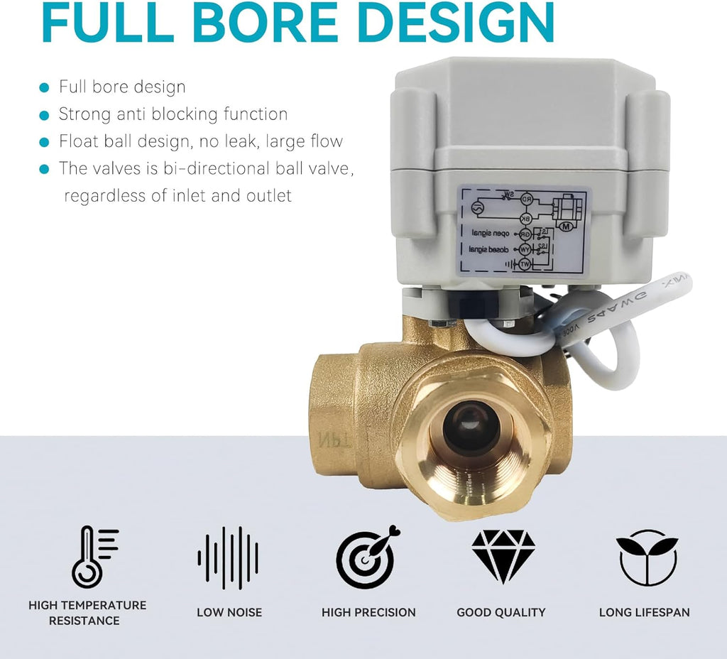BACOENG Motorized Ball Valve, 1/2" Brass 3 Way L Type Auto Return Horizontal Electrical Ball Valve, AC/DC9-24V