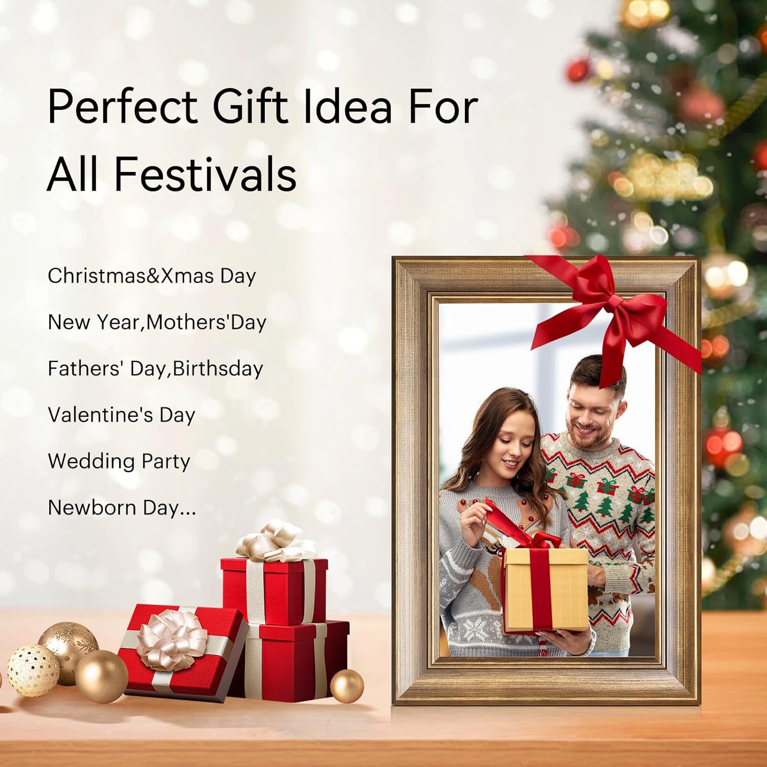 10.1 Inch Wood Finish Digital Picture Frame, Smart WiFi Digital Photo Frame, 1280x800 IPS HD Touchscreen – Effortlessly Share Photos and Videos from Anywhere