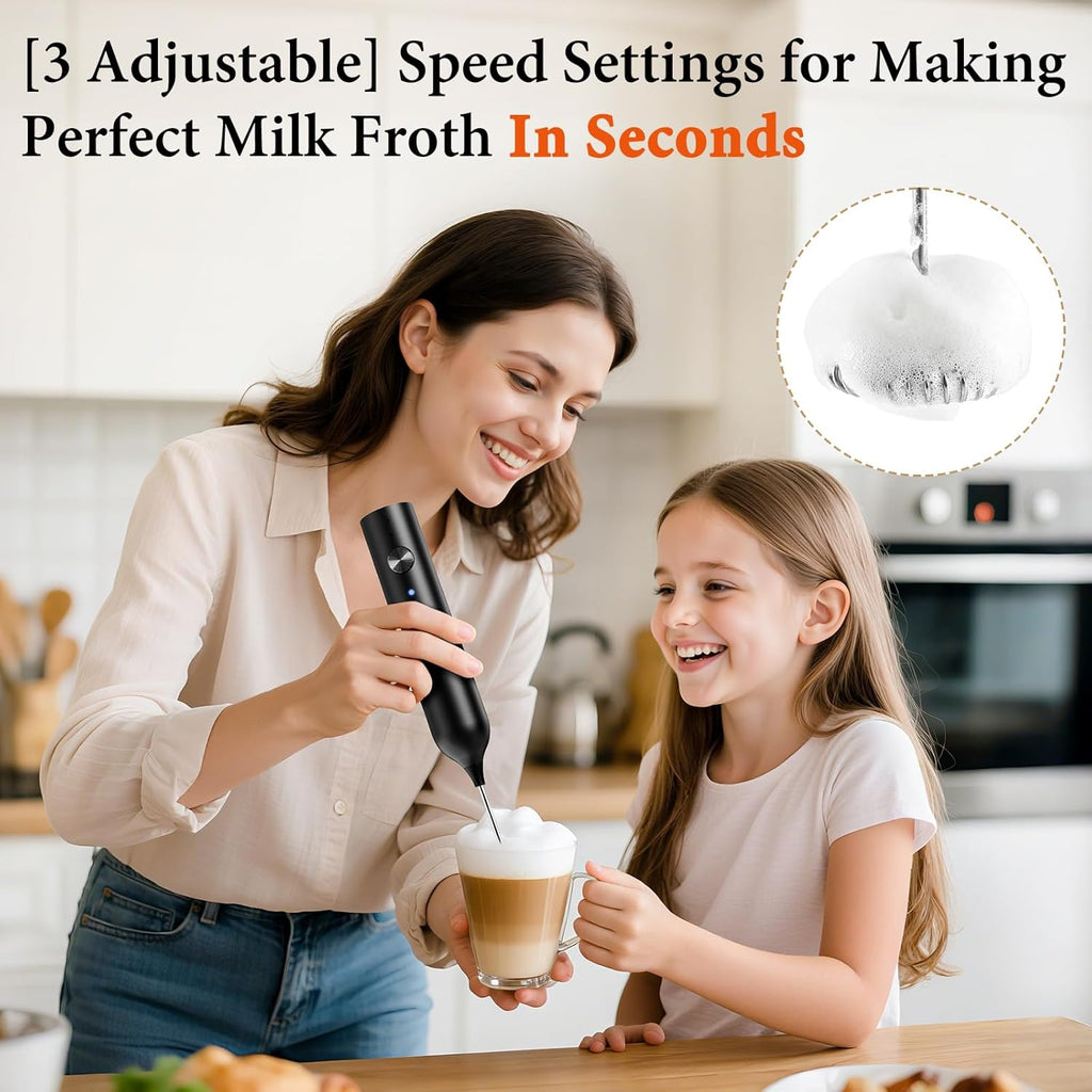 Milk Frother, Rechargeable & Handheld Frother Wand with stand, 3 Speed Adjustable Drink Mixer With 2 Stainless Whisks for Coffee, Matcha, Cappuccino, Egg, Electric Whisk Foam Maker (Black)