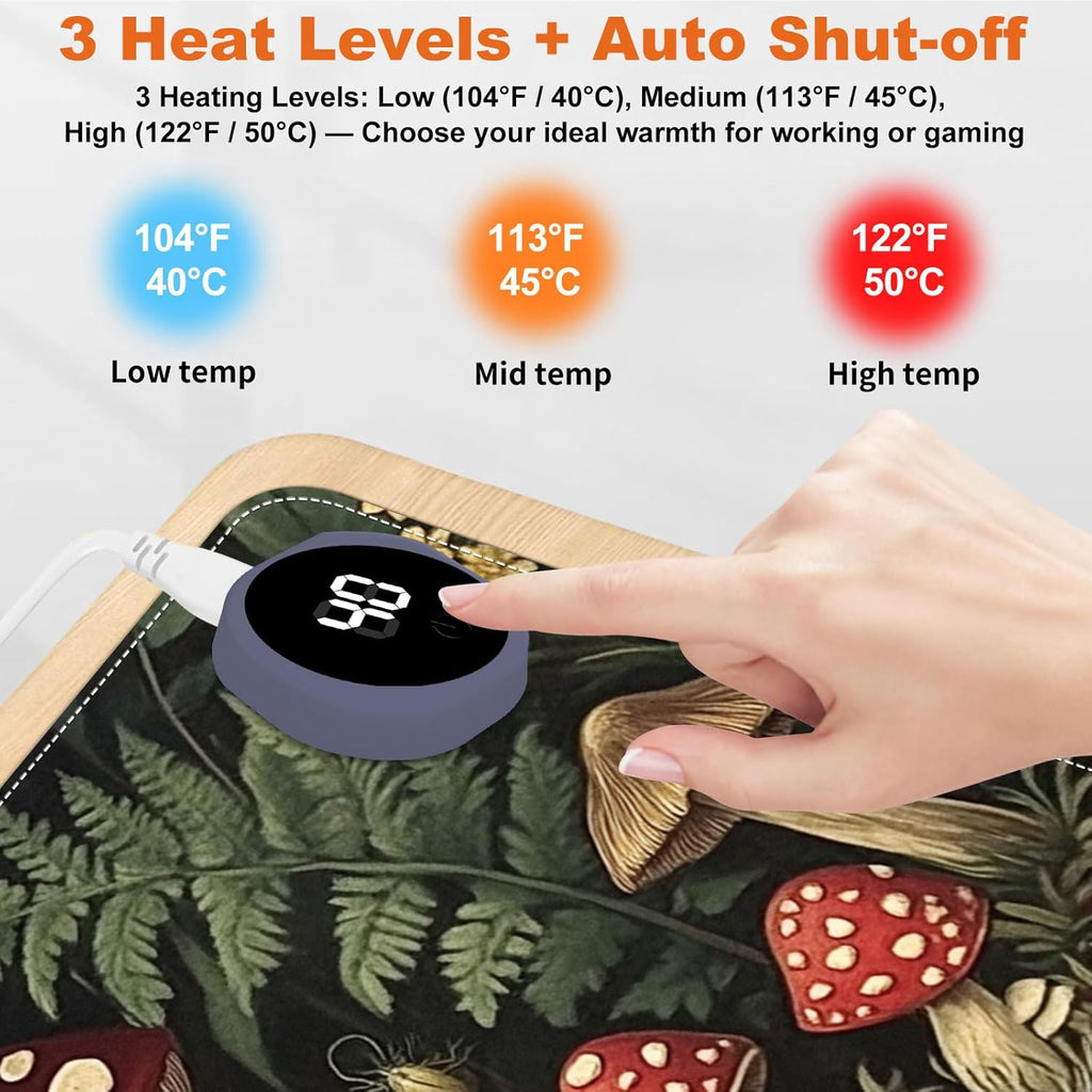 Heated Mouse Pad for Desk 31.5" x 13" – PU Leather Warm Desk Pad with 3 Heat Levels (104°F/113°F/122°F), Plug-in Electric Heating Mat with Auto Shut-Off, Waterproof & Rollable, Forest Mushrooms