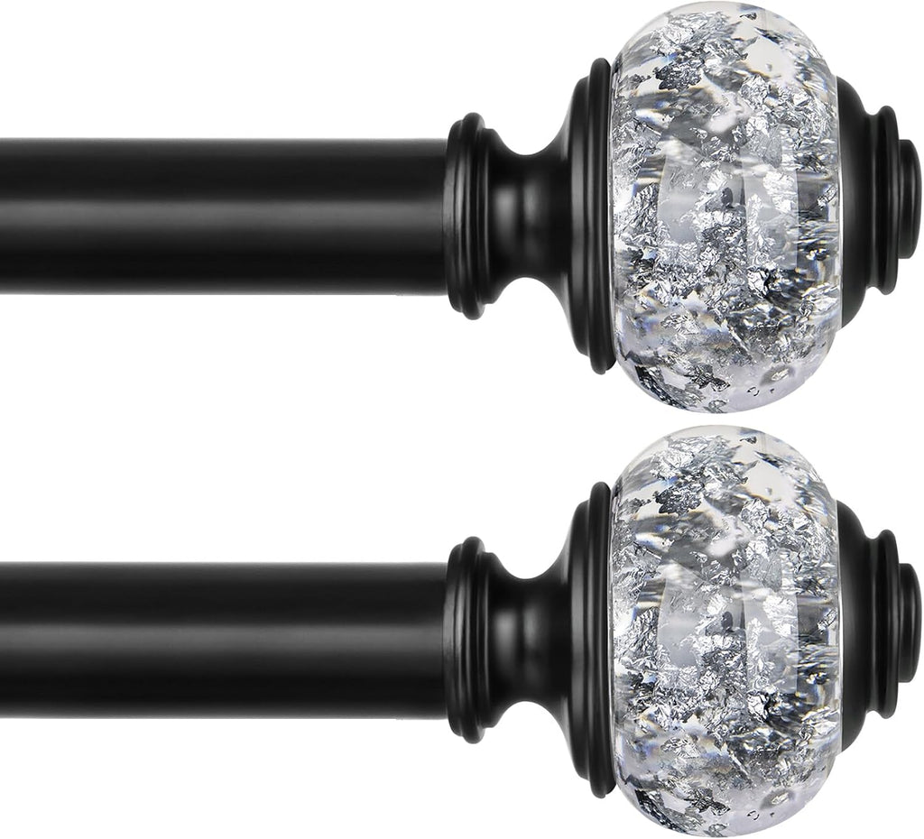 2 Pack Black Curtain Rods, 1 Inch Telescoping Drapery Rod 28 to 48 inch (2.3 to 4 ft), USFOOK Curtain Rods for Windows, Silver Translucent Finials