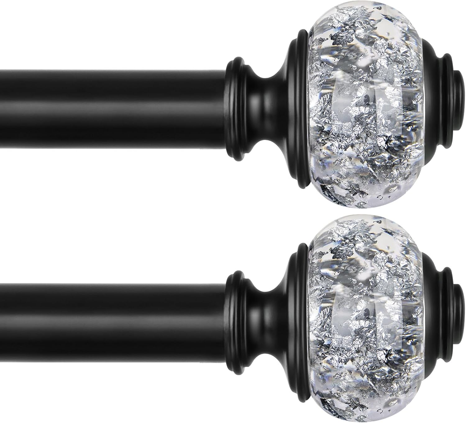 2 Pack Black Curtain Rods, 1 Inch Telescoping Drapery Rod 28 to 48 inch (2.3 to 4 ft), USFOOK Curtain Rods for Windows, Silver Translucent Finials