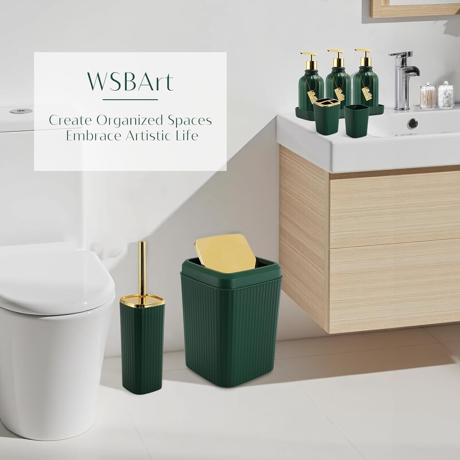 17PCS Bathroom Accessory Set Bathroom Set Hunter Green Bathroom Accessories,Toilet Brush, Trash Can, Qtip Holder Dispenser& 3PCS Soap Dispenser