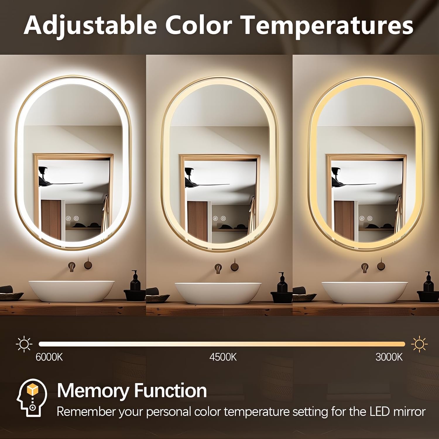 Niccy Oval LED Mirror for Bathroom, 36x24 Front Lit + Backlit Vanity Mirrors with Light Anti-Fog, Shatter-Proof, 3 Colors, Makeup Mirror with Gold Frame (Horizontal/Vertical)