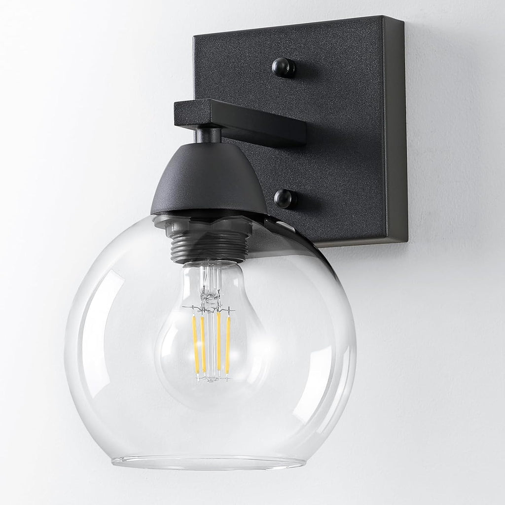 Bathroom Light Fixtures, 1-Light Matte Black Vanity Light with Hand-Blown Thick Glass Shade, High Clarity & Durable, Wall Sconce for Mirror, Kitchen, Bedroom, Hallway