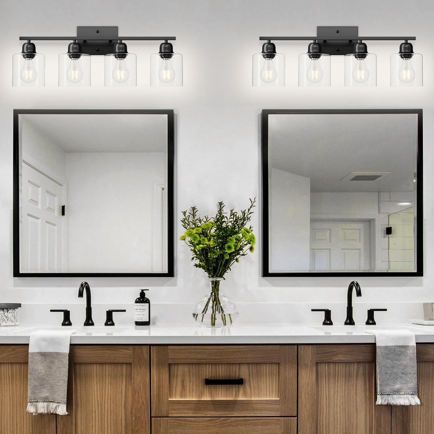 Modern 4 Light Bathroom Light Fixtures, 24 inch Black Vanity Lights for Bathroom with Clear Glass, Bathroom Vanity Light for Mirror Kitchen Living Room Hallway Cabinet Porch