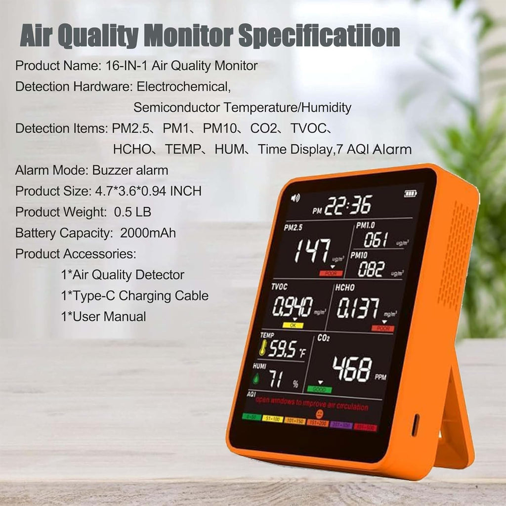 Professional Indoor Air Quality Monitor with AQI Beep Alarms, Portable Real-Time Detector for Home Cars Plants and Pets (Orange)