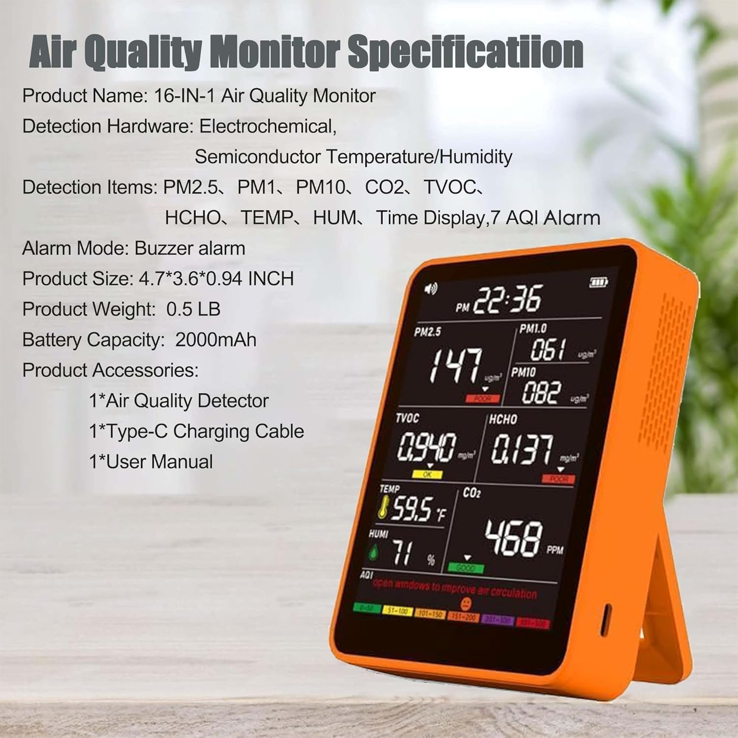 Professional Indoor Air Quality Monitor with AQI Beep Alarms, Portable Real-Time Detector for Home Cars Plants and Pets (Orange)