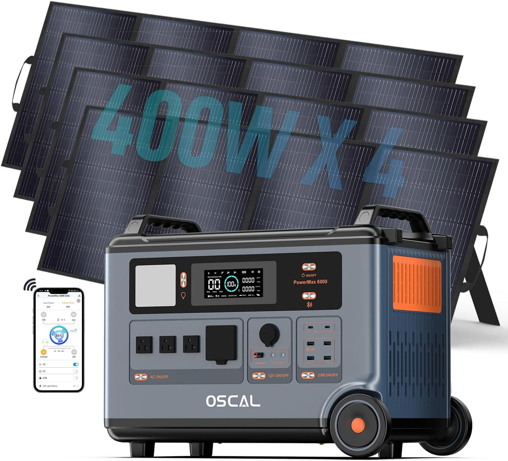 OSCAL 6000W Solar Generator with 4x400W Solar Panel,120V/240V Dual Voltage Power Station 3.6kWh Lifepo4 Battery Generator with 14 Outlets,2200W 1.96H Fast Charge,Promax6000 for Home Backup.