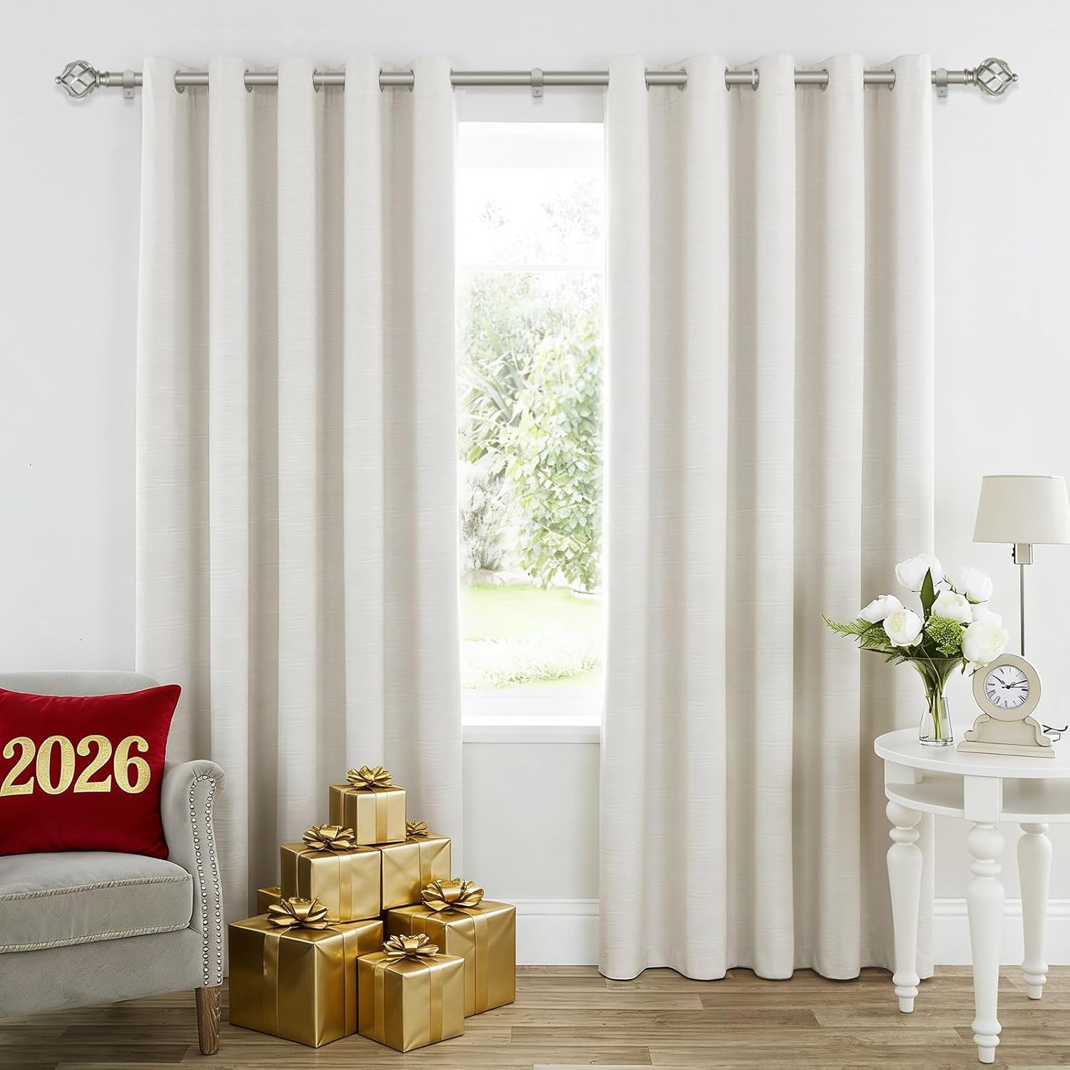 KAMANINA Silver Curtain Rod 32 to 58 Inch(2.6-4.8ft), Adjustable Curtain Rods for Windows 28 to 48 Inch, 3/4 Inch Splicing Drapery Rods with Twisted Cage Finial