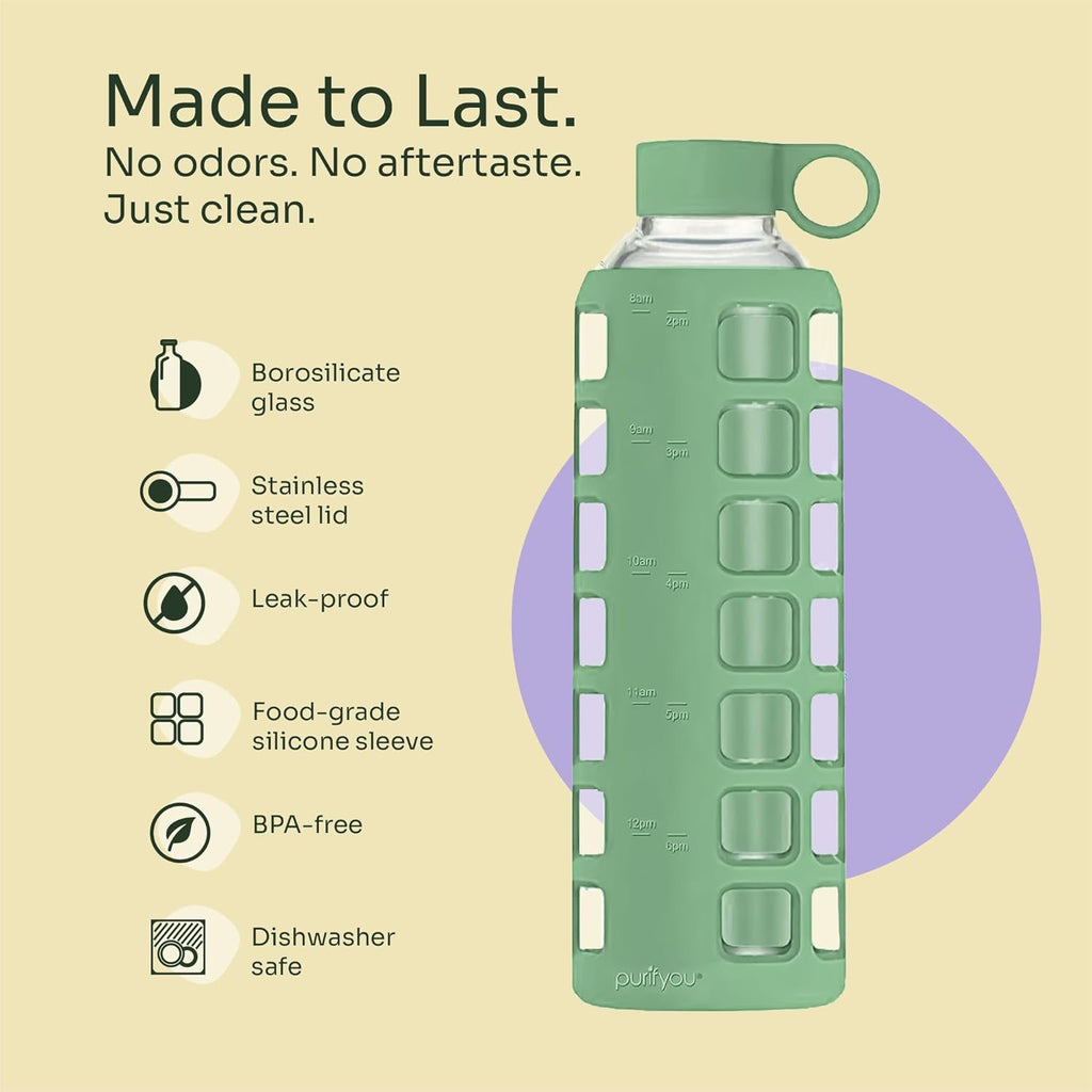purifyou 40oz / 32oz / 22oz / 12oz Borosilicate Glass Water Bottle with Time & Volume Markers, Silicone Sleeve, Stainless Steel Lid | Reusable Glass Bottle for Water & Juice (32oz Shale Green)