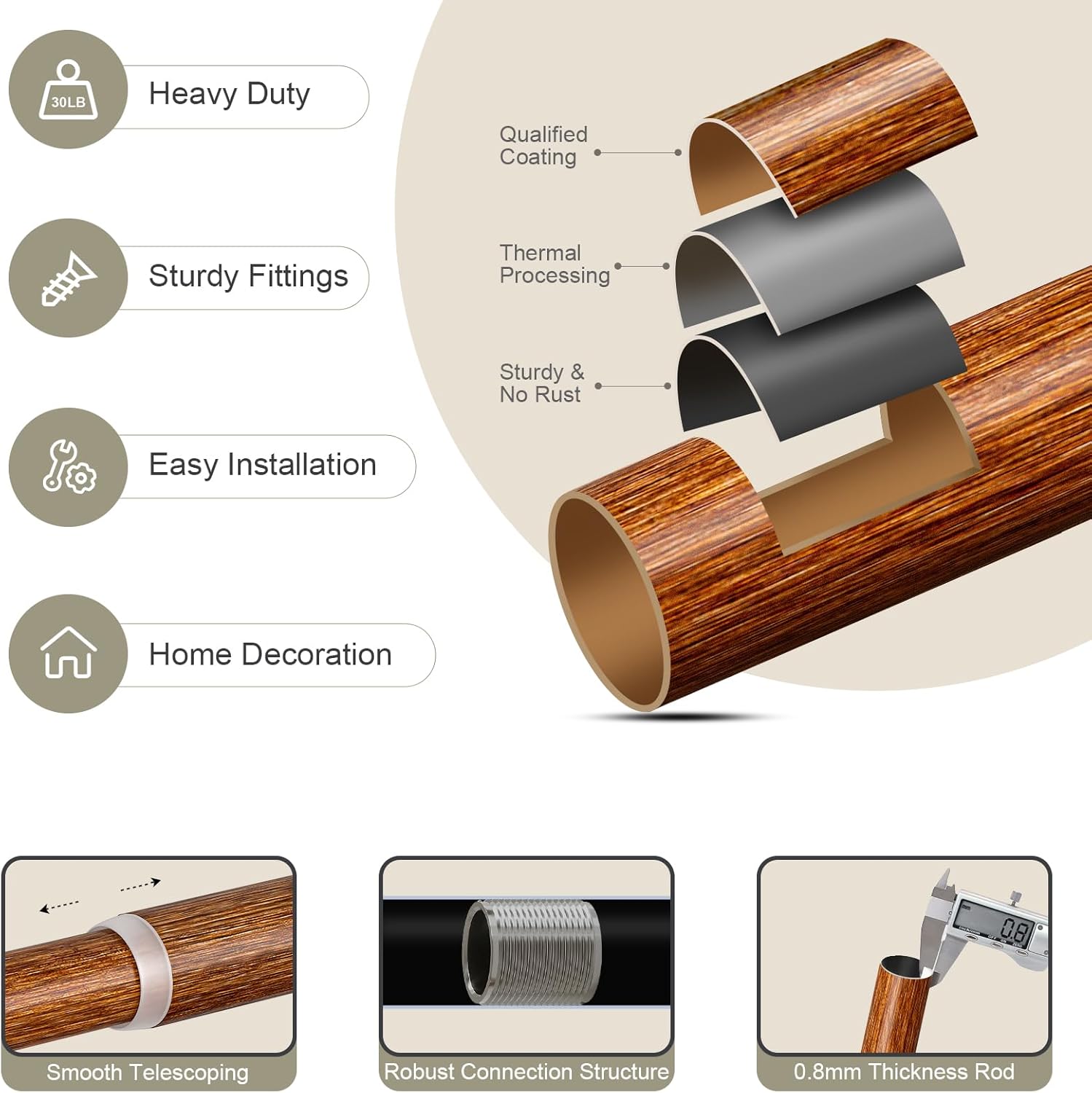 Imitation Wood Curtain Rods for Windows 48 to 84 Inch, 1 Inch Adjustable Heavy Duty Decorative Drapery Rods with Classic Finials, Dark Imitation Wood Window Curtain Pole, Size 36-88''