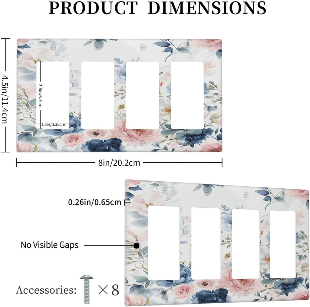Elegant Watercolor Pink Blue Flowers Floral 4 Gang Wall Plates Outlet Covers Triple Rocker Light Switch Cover Plate Decorative Switch Plates GFCI Electrical Faceplate for Bathroom Bedroom 4.5 X 8 IN