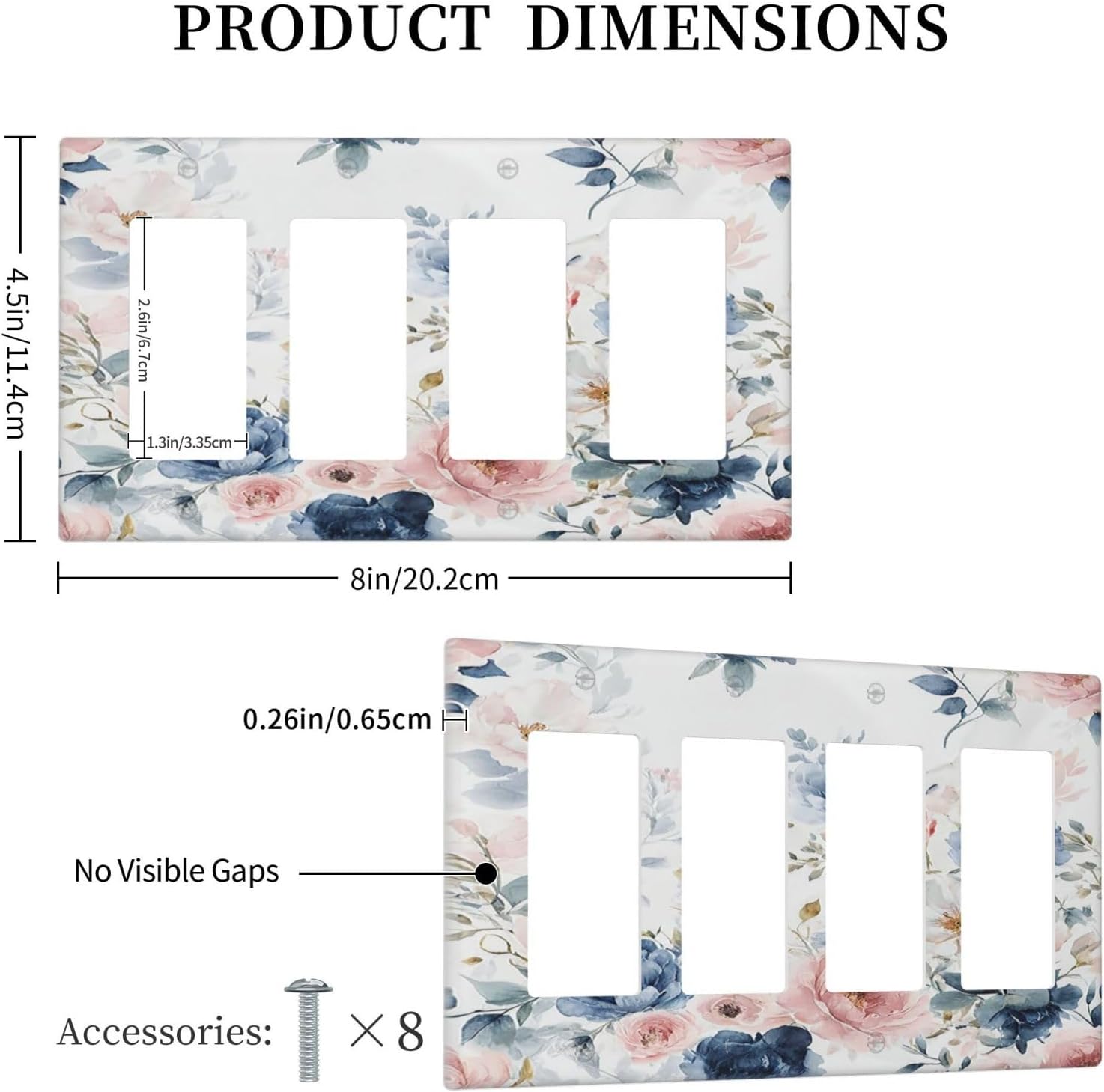 Elegant Watercolor Pink Blue Flowers Floral 4 Gang Wall Plates Outlet Covers Triple Rocker Light Switch Cover Plate Decorative Switch Plates GFCI Electrical Faceplate for Bathroom Bedroom 4.5 X 8 IN