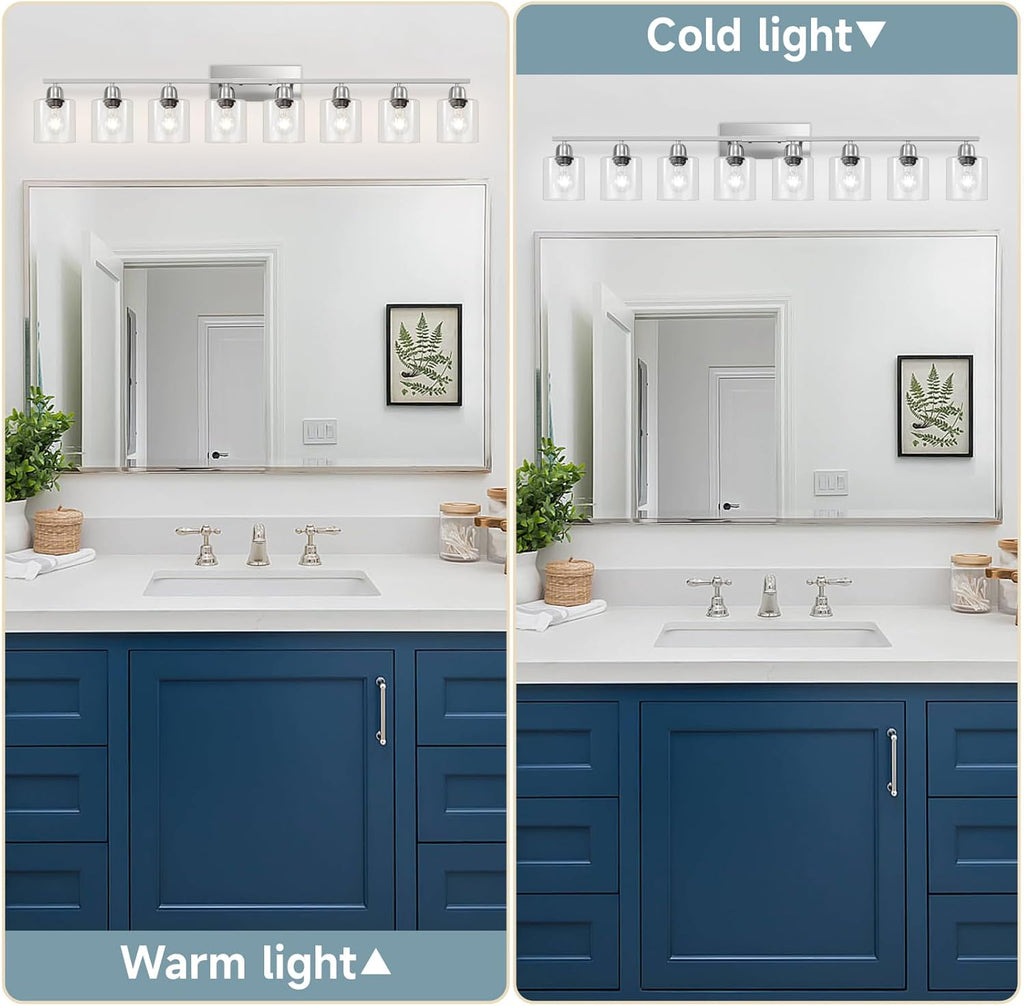 Modern Brushed Nickel 8 Light Bathroom Light Fixtures,52 inch Vanity Lights for Bathroom with Clear Glass for Mirror Kitchen Living Room Hallway Cabinet Porch