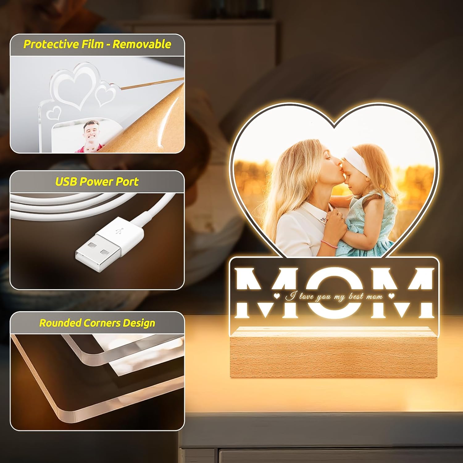 Personalized Gifts for Mom from Daughter and Son, Custom Picture Frames with Photo, Custom Photo Frame with Night Light, Customized Picture Frame, Personalized Birthday Gifts for Mom