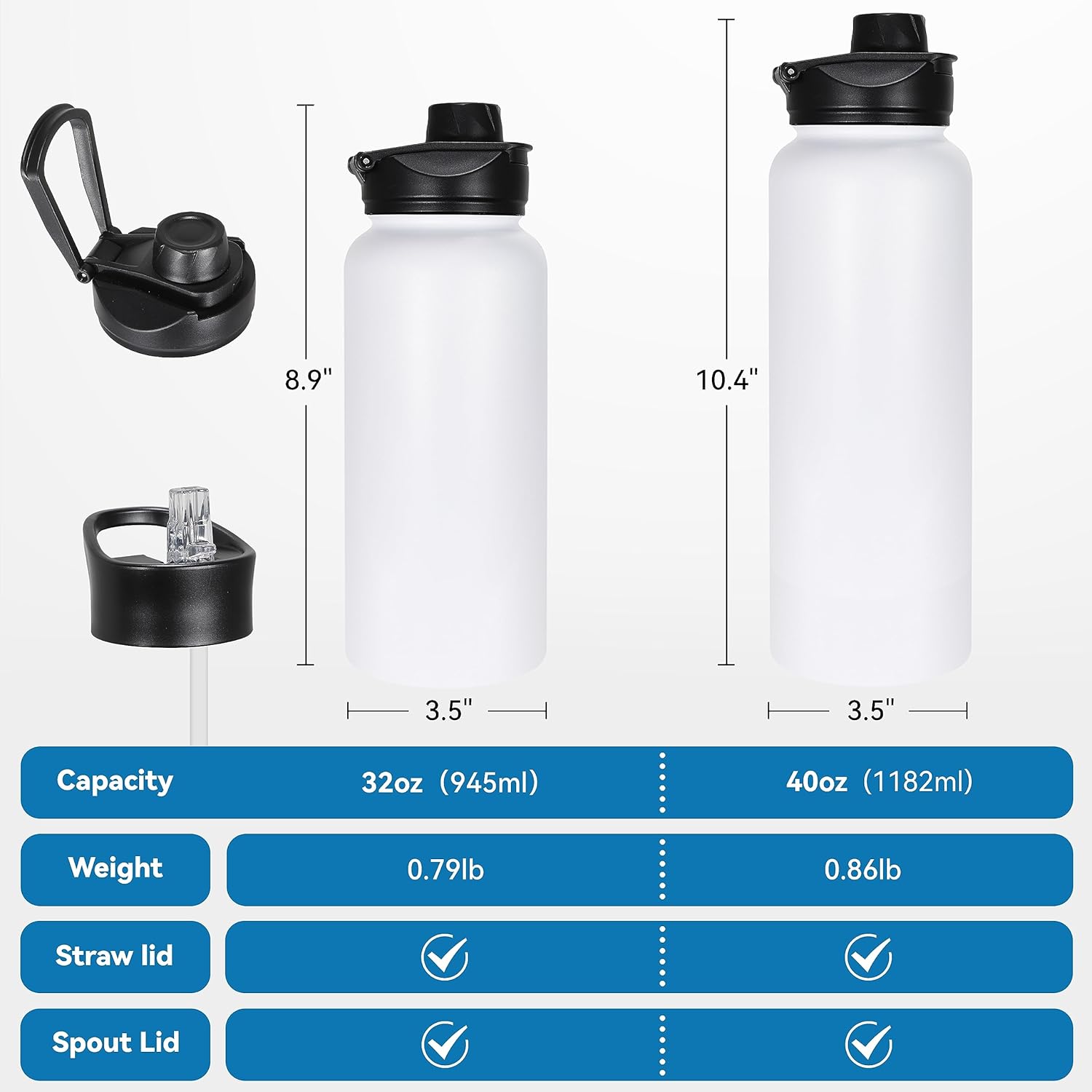 VEGOND 40 oz Insulated Water Bottle Stainless Steel Metal Water Bottles with Leak Proof Straw Lid & Spout Lid, Wide Mouth Double Walled Vacuum Travel Sports Bottle, White
