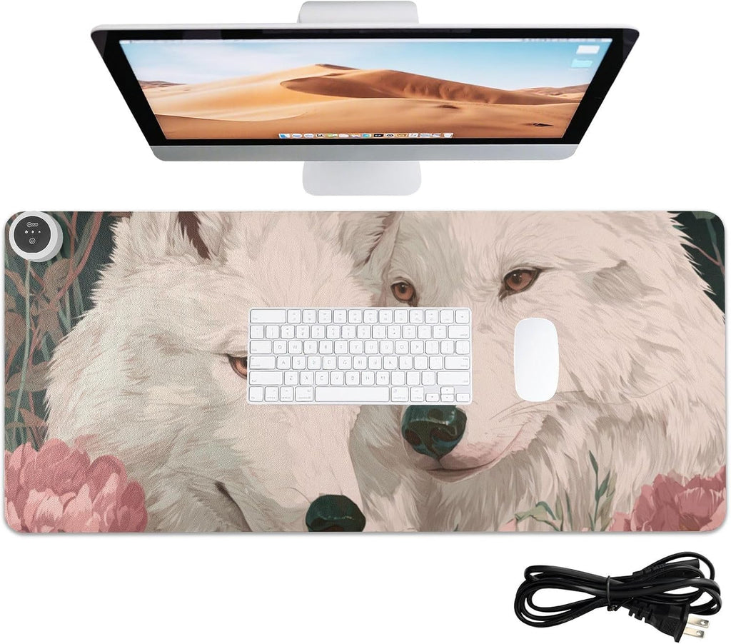 Heated Desk Pad Mouse Pad 31.5x13 Inch PU Leather Desk Mat with 3 Heat Levels Large Mouse Gaming Computer Laptop Mat White Wolves Peony Flowers