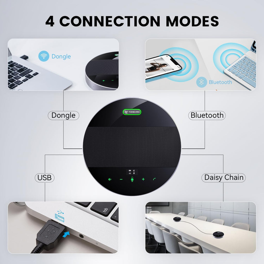 TONGVEO 2-in-1 Conference Speaker and Microphone, Daisy Chain Wireless Bluetooth Speakerphone with 360° omnidirectional mics USB/Dongle/Bluetooth Connection 18H Talk Time for 15-30 People Meeting