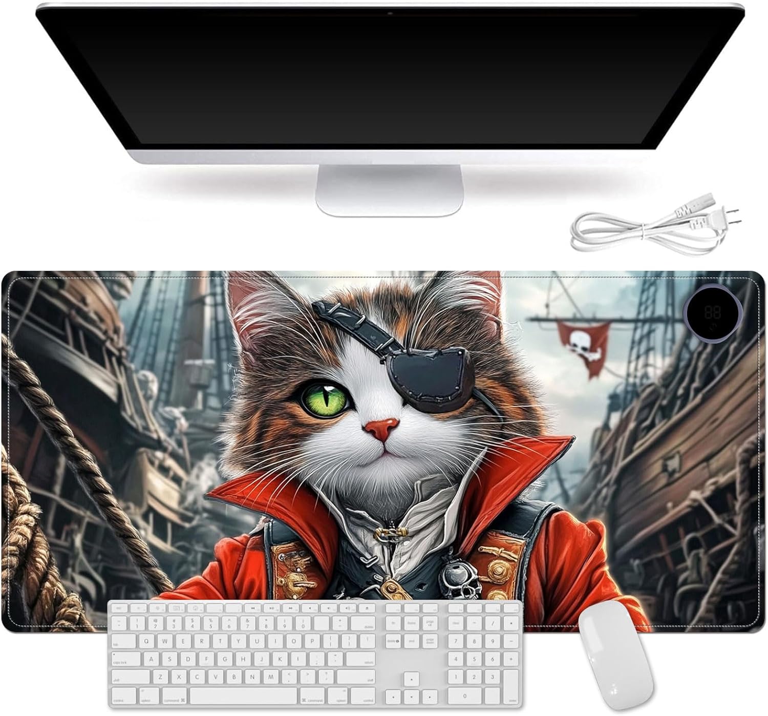 Heated Mouse Pad for Desk 31.5" x 13" – PU Leather Warm Desk Pad with 3 Heat Levels (104°F/113°F/122°F), Plug-in Electric Heating Mat with Auto Shut-Off, Waterproof & Rollable, Pirate Cat