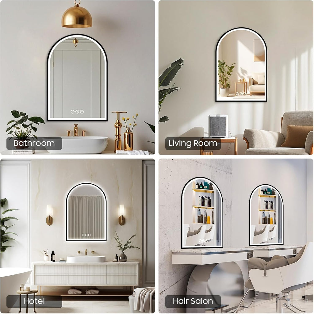 Arch Vanity Mirror with Lights, 24x36 Inch Led Mirror for Bathroom, Wall-Mounted Mirror with Anti-Fog, Memory Function, 3 Color Temperature, Dimmable Led Bathroom Mirror